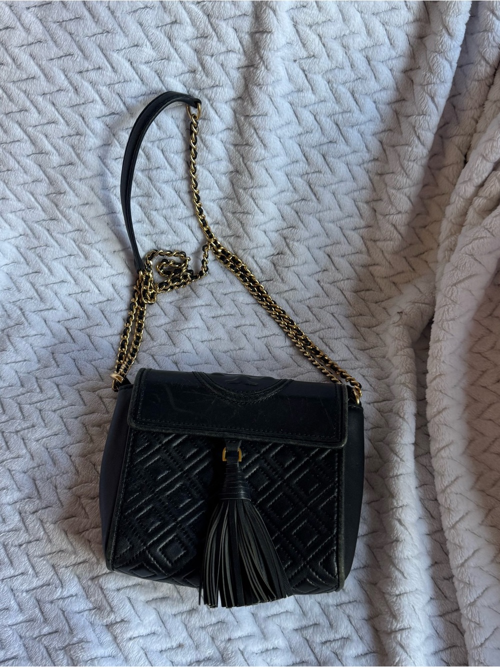 Tory Burch Black Quilted Leather Mini Crossbody with Tassel